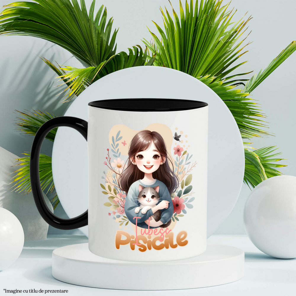 Cana Personalizata Decor Personalizat - Fată cu Pisică Pufoasă și Mesaj „Iubesc Pisicile” [3]