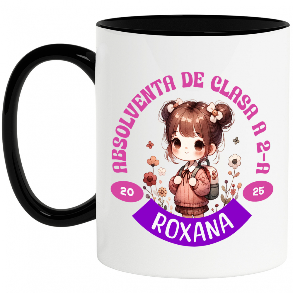 Cana Personalizata Fată Școlăriță cu Breton și Rucsac Personalizat „Absolvent de Clasa a 2-a Roxana” - Cadou Educațional [1]