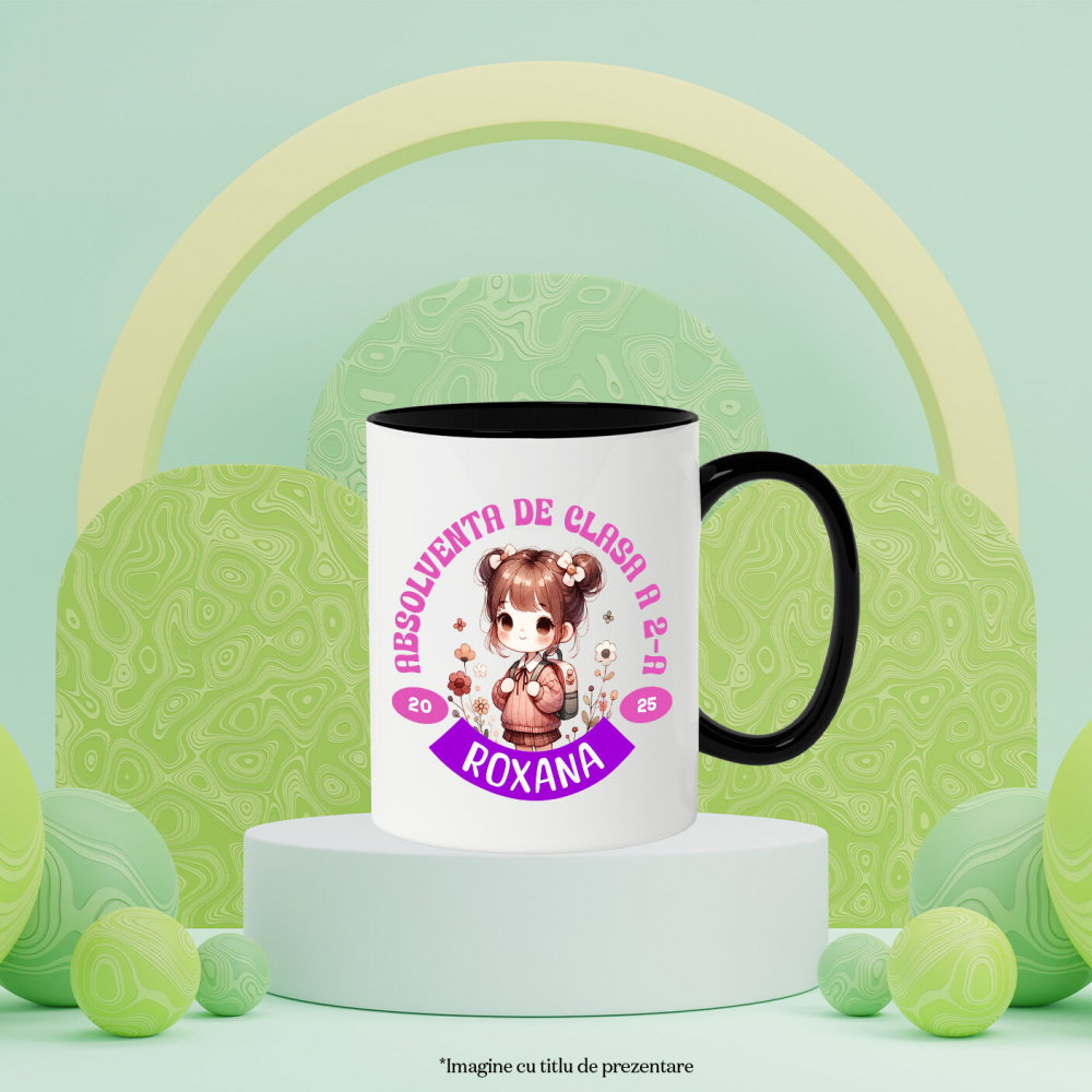 Cana Personalizata Fată Școlăriță cu Breton și Rucsac Personalizat „Absolvent de Clasa a 2-a Roxana” - Cadou Educațional [3]
