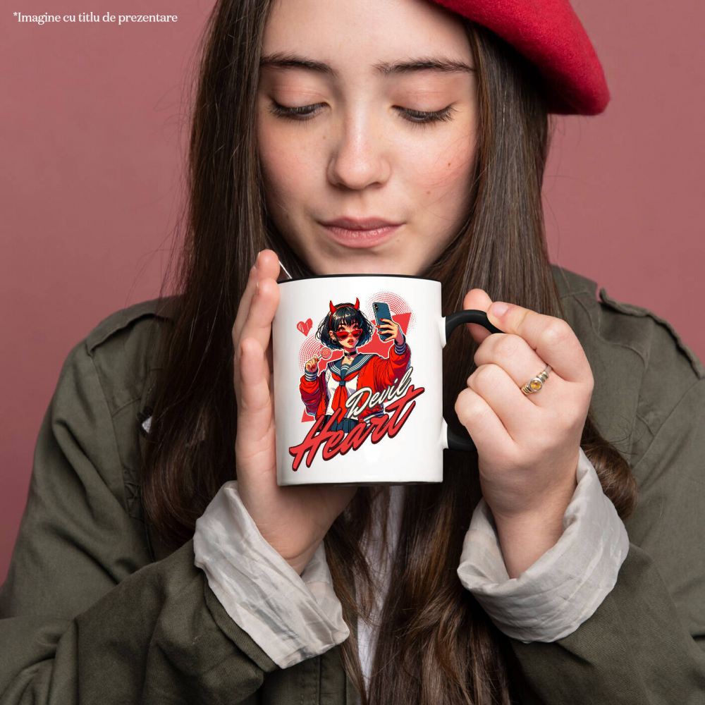 Cana Personalizata „Fată Stil Anime Cu Acadea și Selfie - Cadou Personalizat „Devil Heart” pentru Familie, Copii și Prieteni” [2]