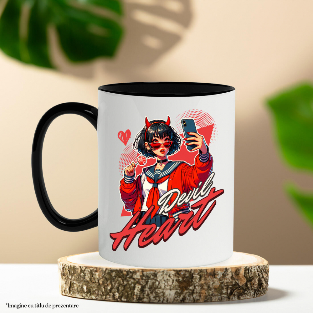 Cana Personalizata „Fată Stil Anime Cu Acadea și Selfie - Cadou Personalizat „Devil Heart” pentru Familie, Copii și Prieteni” [3]