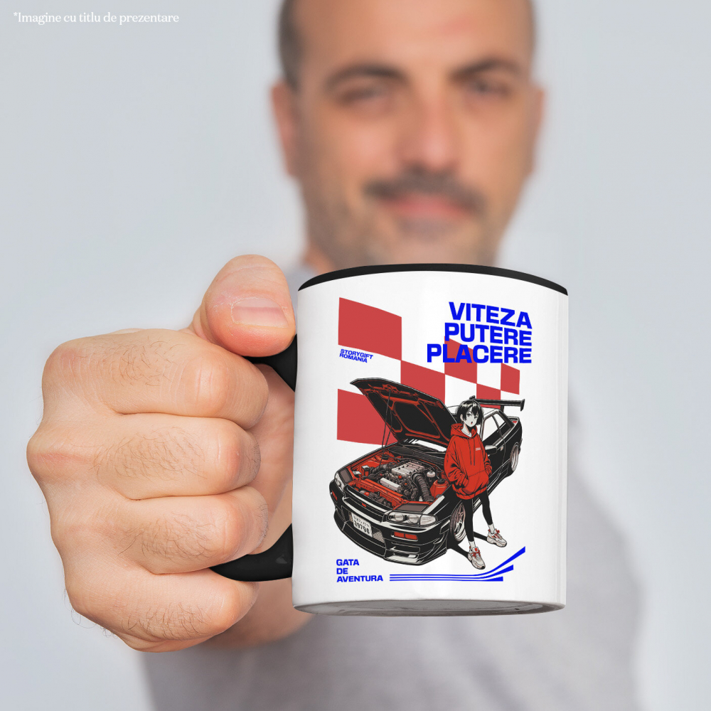 Cana Personalizata Tricou Anime Auto – Fată cu Hanorac Roșu și Mașină Sport Puternică [2]