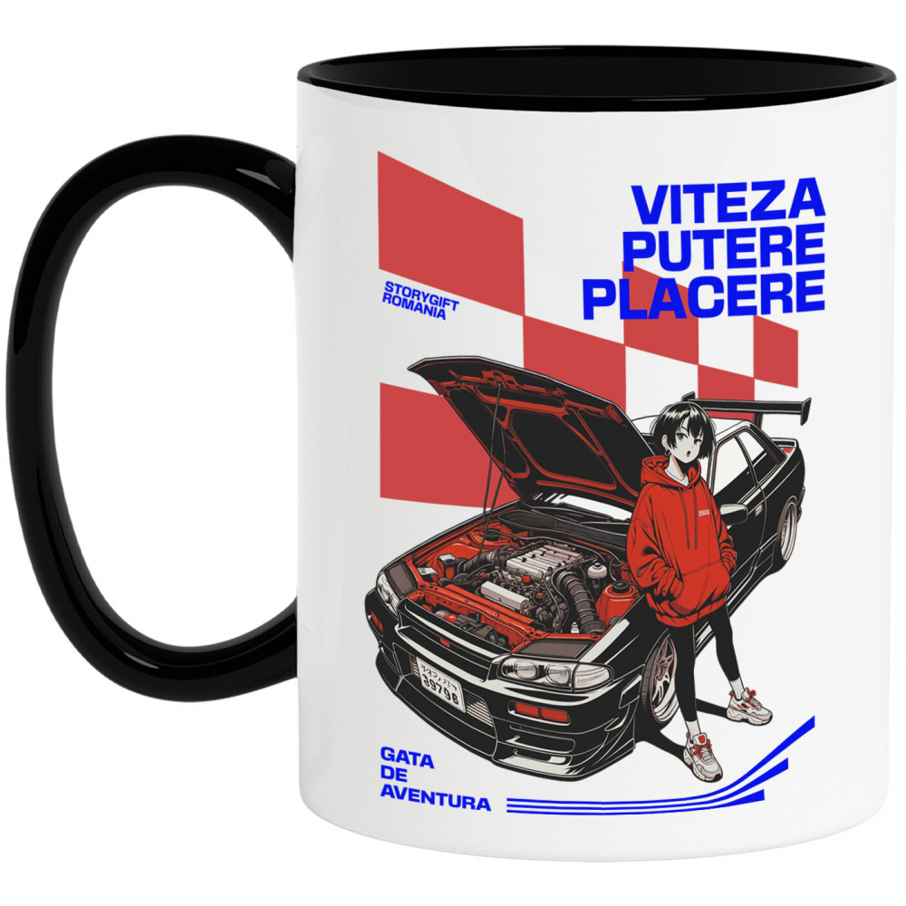 Cana Personalizata Tricou Anime Auto – Fată cu Hanorac Roșu și Mașină Sport Puternică [1]