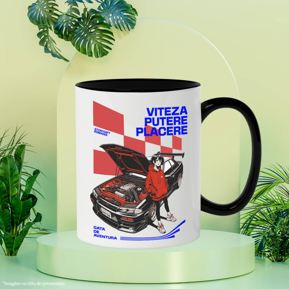 Cana Personalizata Tricou Anime Auto – Fată cu Hanorac Roșu și Mașină Sport Puternică [3]