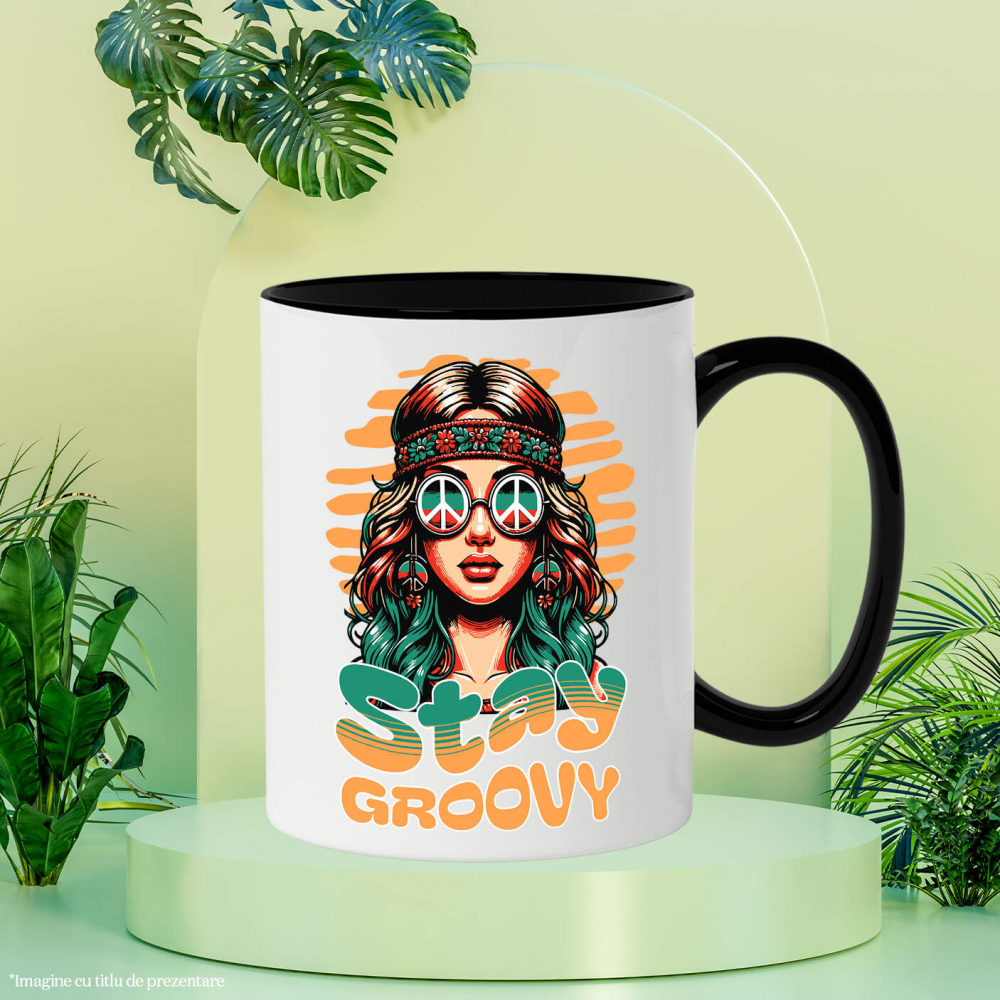 Cana Personalizata Fată Stil Hippie cu Ochelari de Soare și Bandana – Stay Groovy Vibe Retro [3]