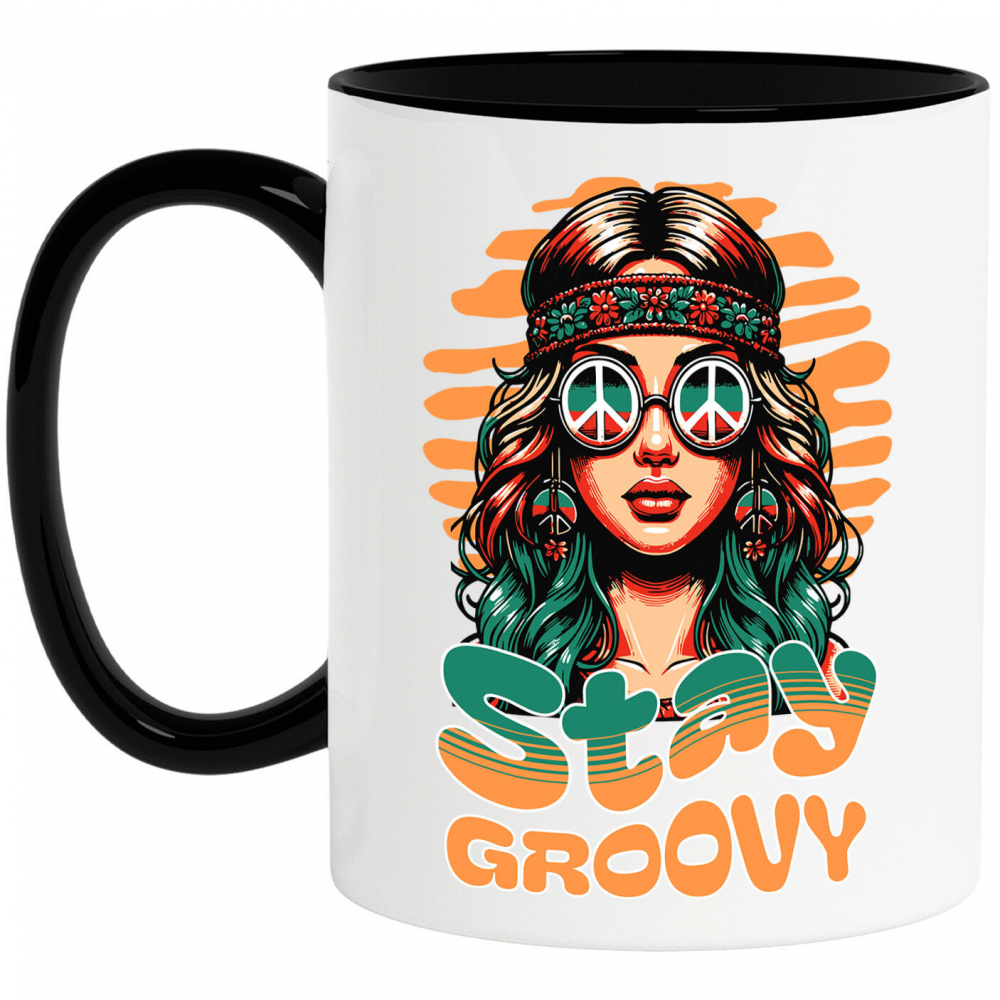 Cana Personalizata Fată Stil Hippie cu Ochelari de Soare și Bandana – Stay Groovy Vibe Retro [1]