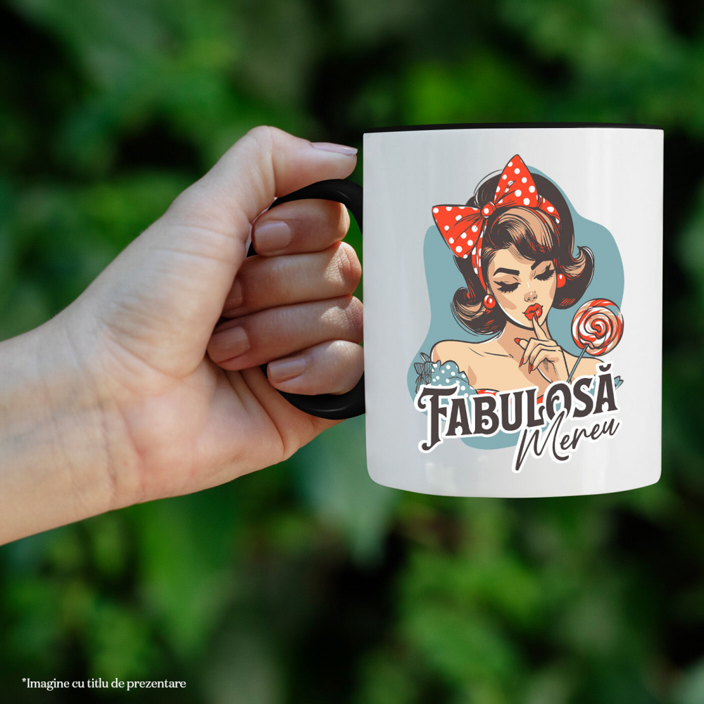 Cana Personalizata Fată Retro cu Funda Roșie și Acadea - Cadou Personalizat Fabuloasă Mereu Încredere de Sine [2]