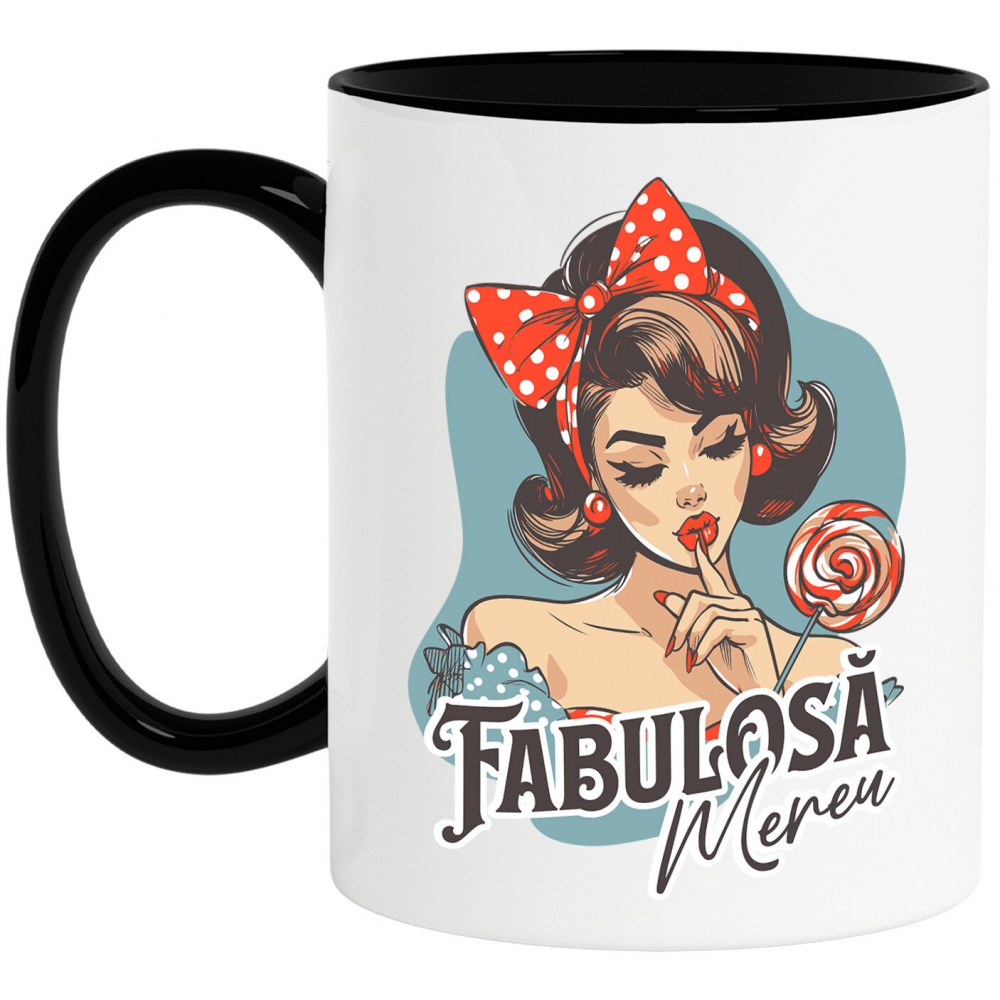 Cana Personalizata Fată Retro cu Funda Roșie și Acadea - Cadou Personalizat Fabuloasă Mereu Încredere de Sine [1]