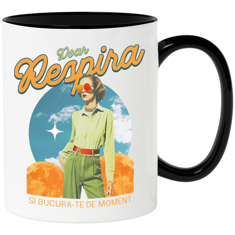 Cana Personalizata Femeie Stil Retro cu Ochelari Aviator și Mesaj "Doar Respiră și Bucură-te de Moment" - Cadouri Personalizate cu Artă Abstractă și Inspirație [1]