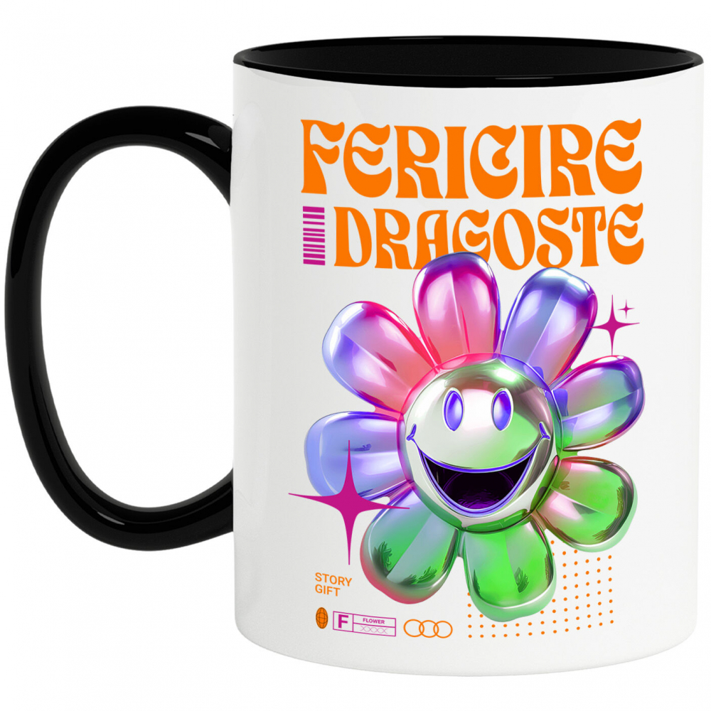 Cana Personalizata Floare Colorată Veselă cu Text „Fericire, Dragoste, Natură” | Cadouri Personalizate pentru Femei, Familie și Prieteni [1]