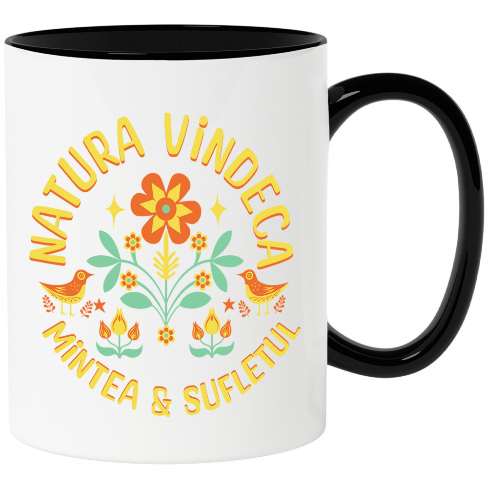 Cana Personalizata Flori Colorate și Păsări cu Text „Natura Vindecă Mintea și Sufletul” | Cadouri Personalizate pentru Femei, Familie și Prieteni [1]