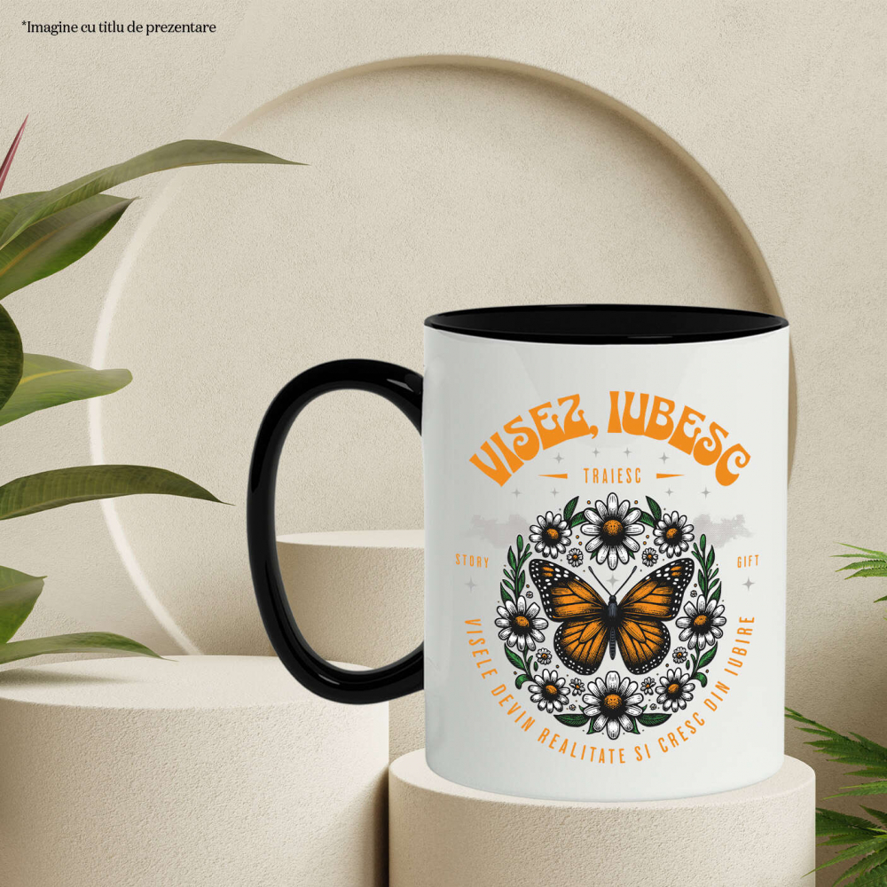 Cana Personalizata Cadou Personalizat Flori Colorate și Fluture Galben | Visez, Iubesc Visele Devine Realitate | Iubire și Speranță [3]