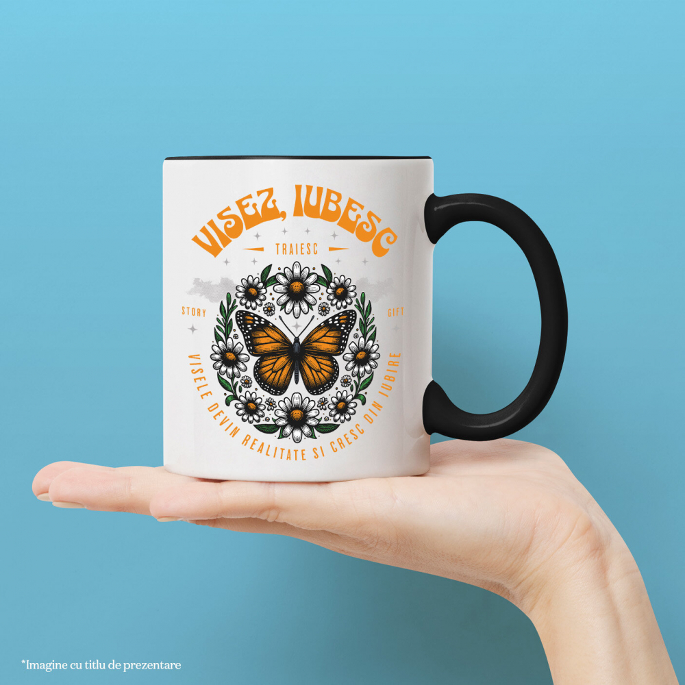 Cana Personalizata Cadou Personalizat Flori Colorate și Fluture Galben | Visez, Iubesc Visele Devine Realitate | Iubire și Speranță [2]