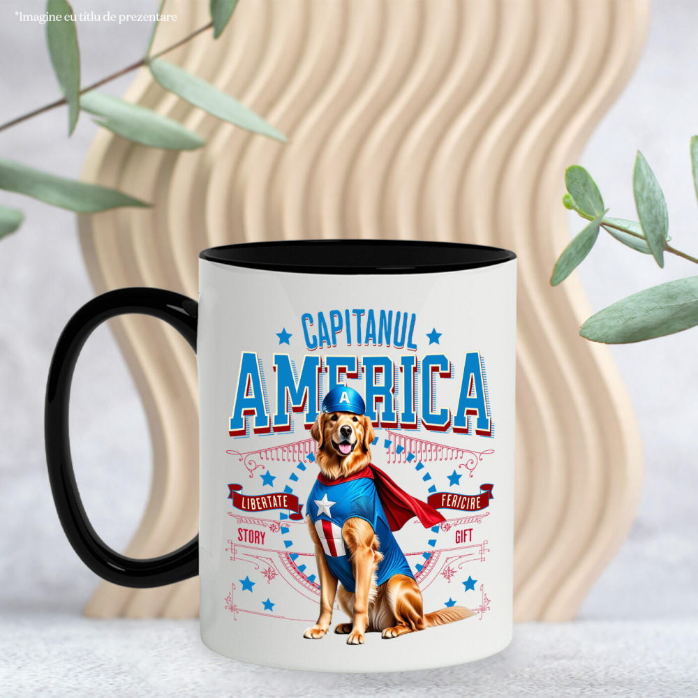 Cana Personalizata Golden Retriever în Costum Captain America cu Pelerină - Cadou Personalizat pentru Copii și Iubitorii de Câini [3]