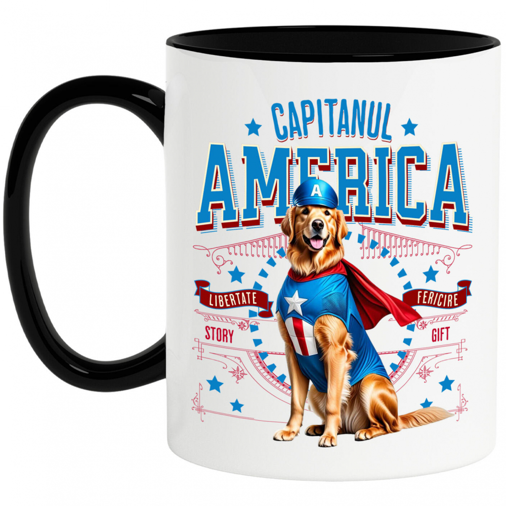 Cana Personalizata Golden Retriever în Costum Captain America cu Pelerină - Cadou Personalizat pentru Copii și Iubitorii de Câini [1]