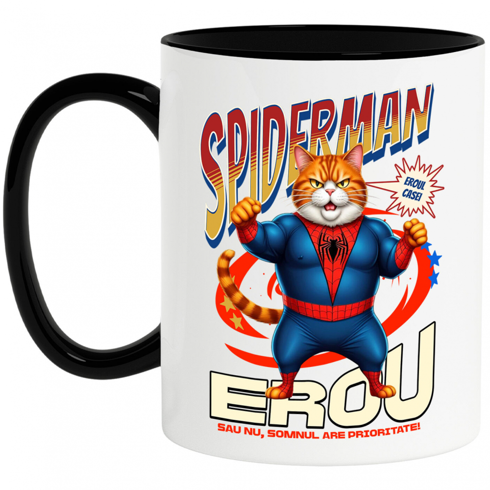 Cana Personalizata Pisică Grasă în Costum Spider-Man cu Pelerină - Cadou Personalizat pentru Iubitorii de Pisici și Copii [1]