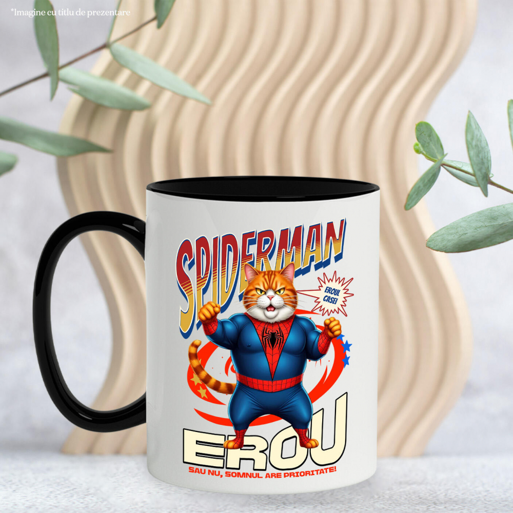 Cana Personalizata Pisică Grasă în Costum Spider-Man cu Pelerină - Cadou Personalizat pentru Iubitorii de Pisici și Copii [3]
