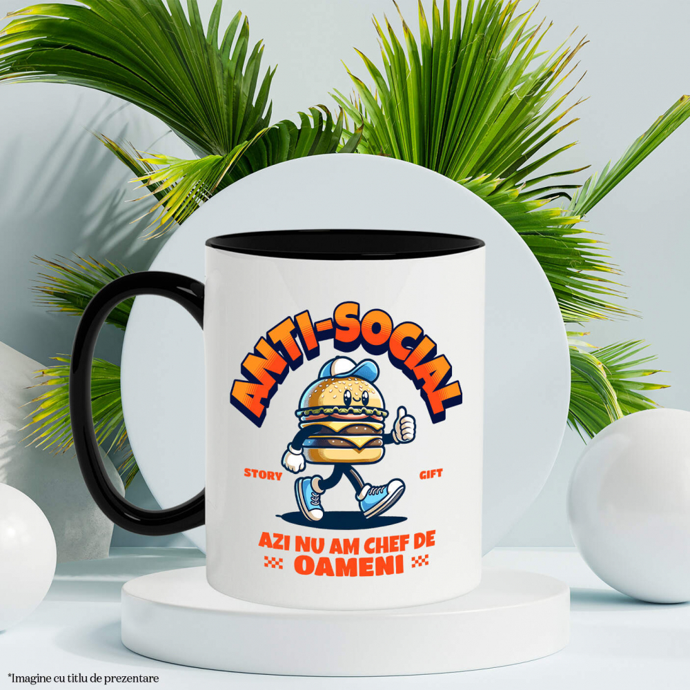 Cana Personalizata Hamburger personalizat cu șapcă și adidași albastri – „Anti-social, azi nu mă chef de oameni” – Cadou amuzant [3]