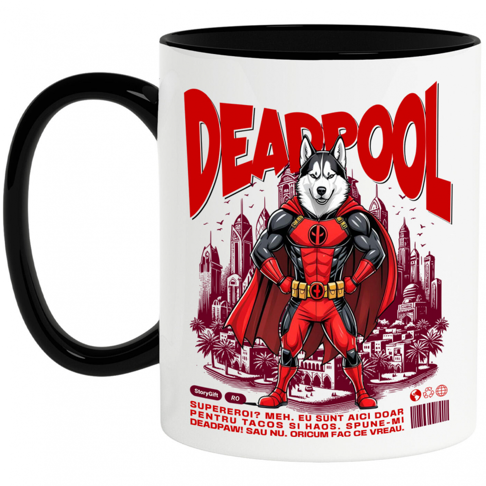 Cana Personalizata Husky Siberian în Costum Deadpool - Cadou Personalizat pentru Copii și Familie [1]