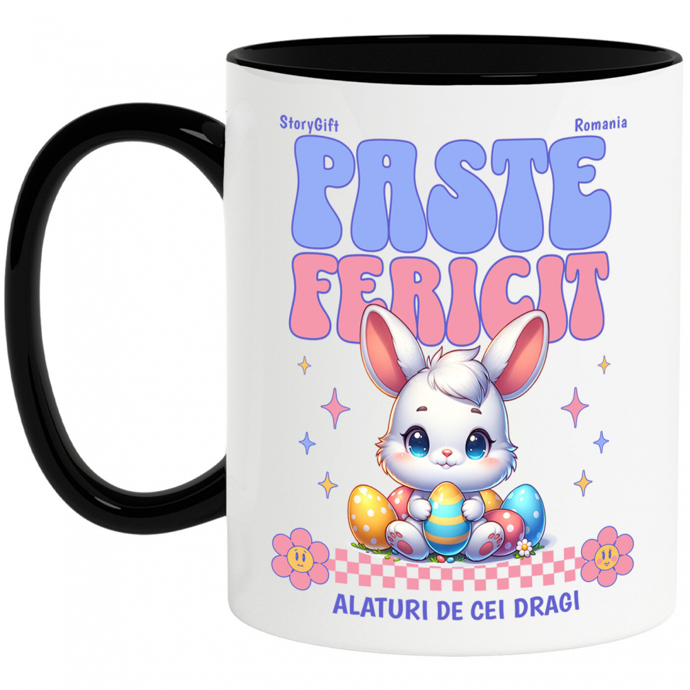 Cana Personalizata "Iepure Alb Copii Cu Oua Colorate, Flori și Stele - Paște Fericit Alături De Cei Dragi" [1]