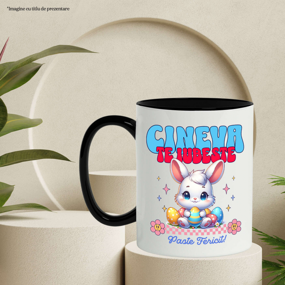 Cana Personalizata "Iepure Alb cu Ochii Albastri și Oua Colorate – Paște Fericit și Dragoste în Sărbători" [3]