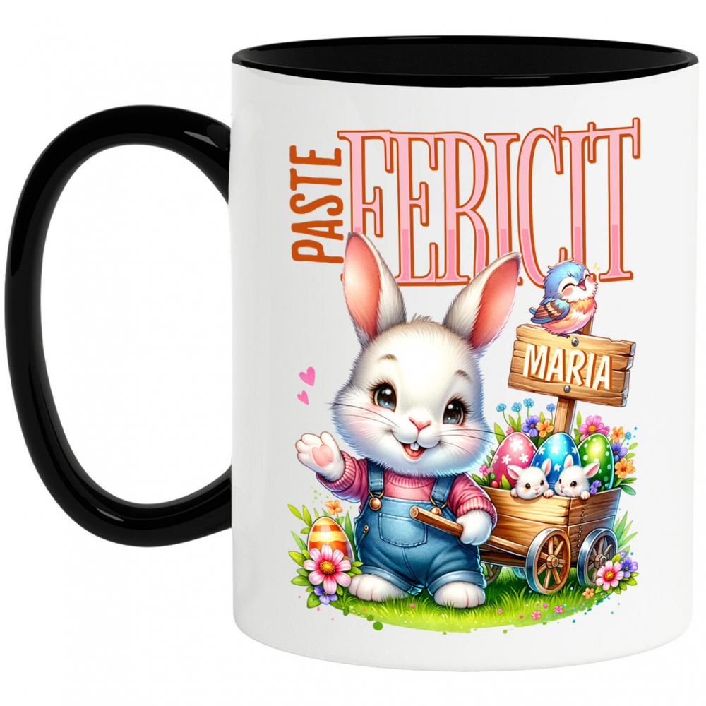 Cana Personalizata "Iepure Alb Cu Salopetă De Denim și Căruț Cu Ouă Colorate - Paște Fericit Maria" [1]