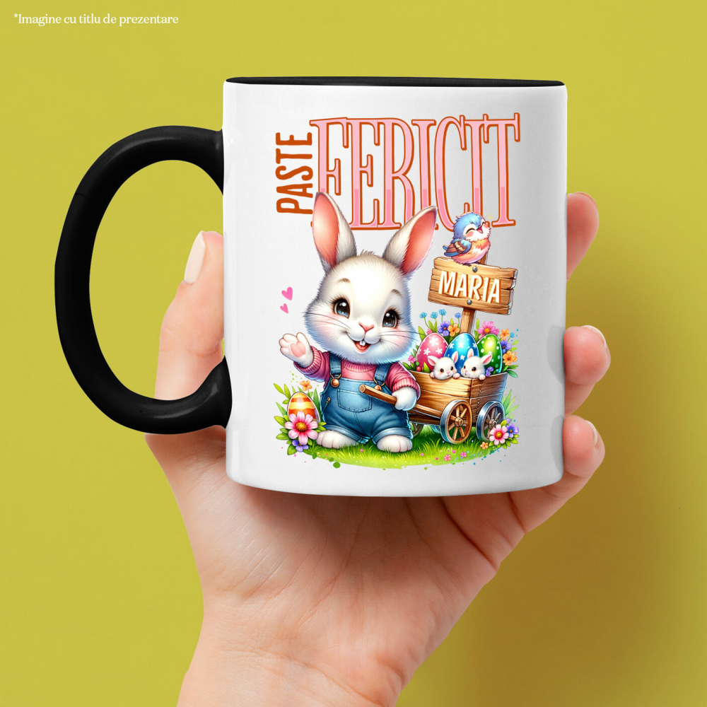 Cana Personalizata "Iepure Alb Cu Salopetă De Denim și Căruț Cu Ouă Colorate - Paște Fericit Maria" [2]