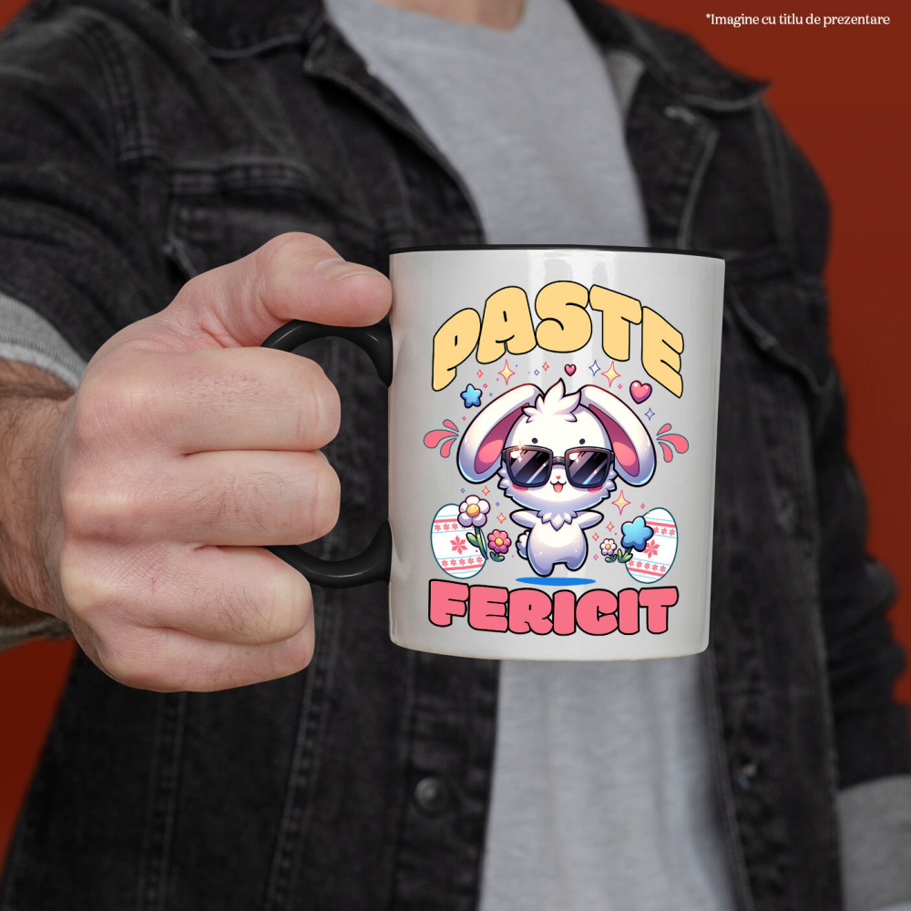 Cana Personalizata "Iepure Cool Alb Cu Ochelari De Soare - Paște Fericit Cu Ouă Colorate și Flori" [2]