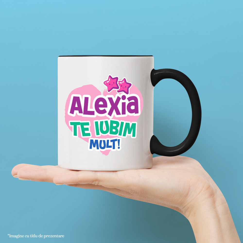 Cana Personalizata "Inima Roz cu Stele Zâmbitoare - Cadou Personalizat pentru Alexia, Dragoste și Valentine's Day" [2]