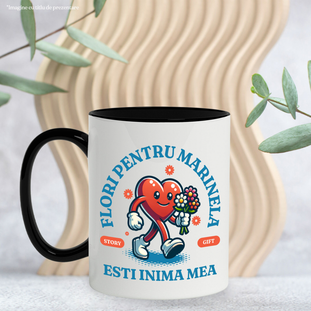 Cana Personalizata Inimă Veselă cu Buchet de Flori și Mesaj „Flori pentru Marinela, Inima Mea” – Cadou Personalizat [3]