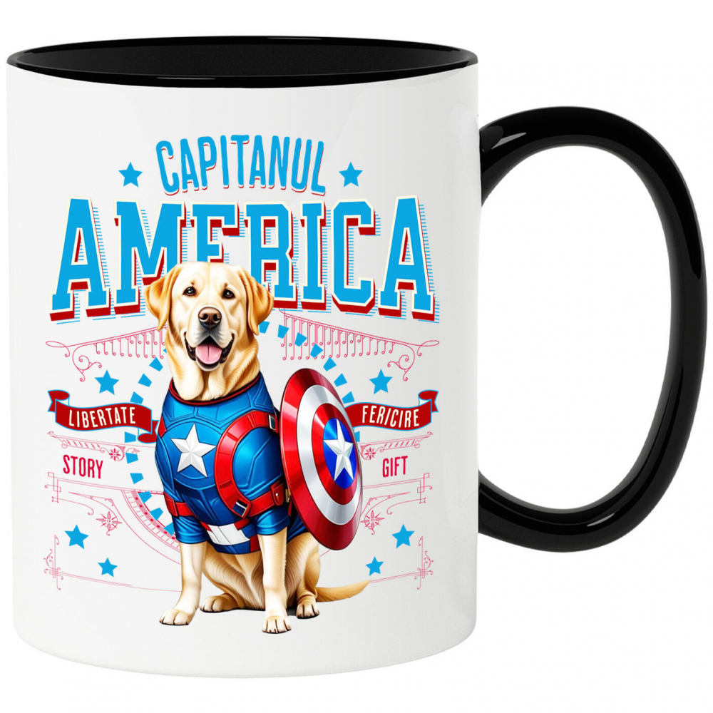 Cana Personalizata Labrador în Costum Captain America cu Pelerină - Cadou Personalizat pentru Copii și Iubitorii de Câini [1]