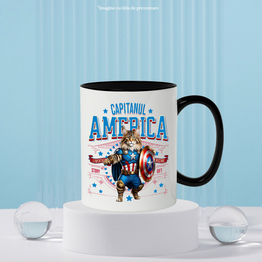 Cana Personalizata Pisica Maine Coon în Costum de Captain America cu Pelerină - Cadou Personalizat pentru Copii și Iubitorii de Pisici [3]