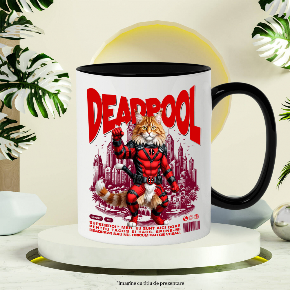 Cana Personalizata Pisică Maine Coon în Costum Deadpool – Supererou Amuzant și Personalizat [3]