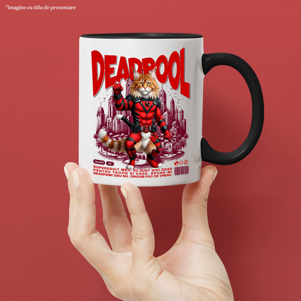 Cana Personalizata Pisică Maine Coon în Costum Deadpool – Supererou Amuzant și Personalizat [2]