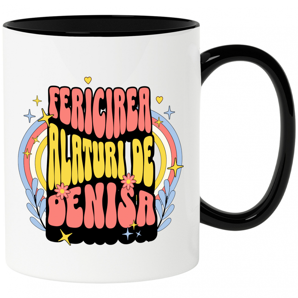 Cana Personalizata „Fericire alături de Denisa” - Mesaj Romantic Personalizat cu Flori Colorate | Cadou pentru Iubită [1]