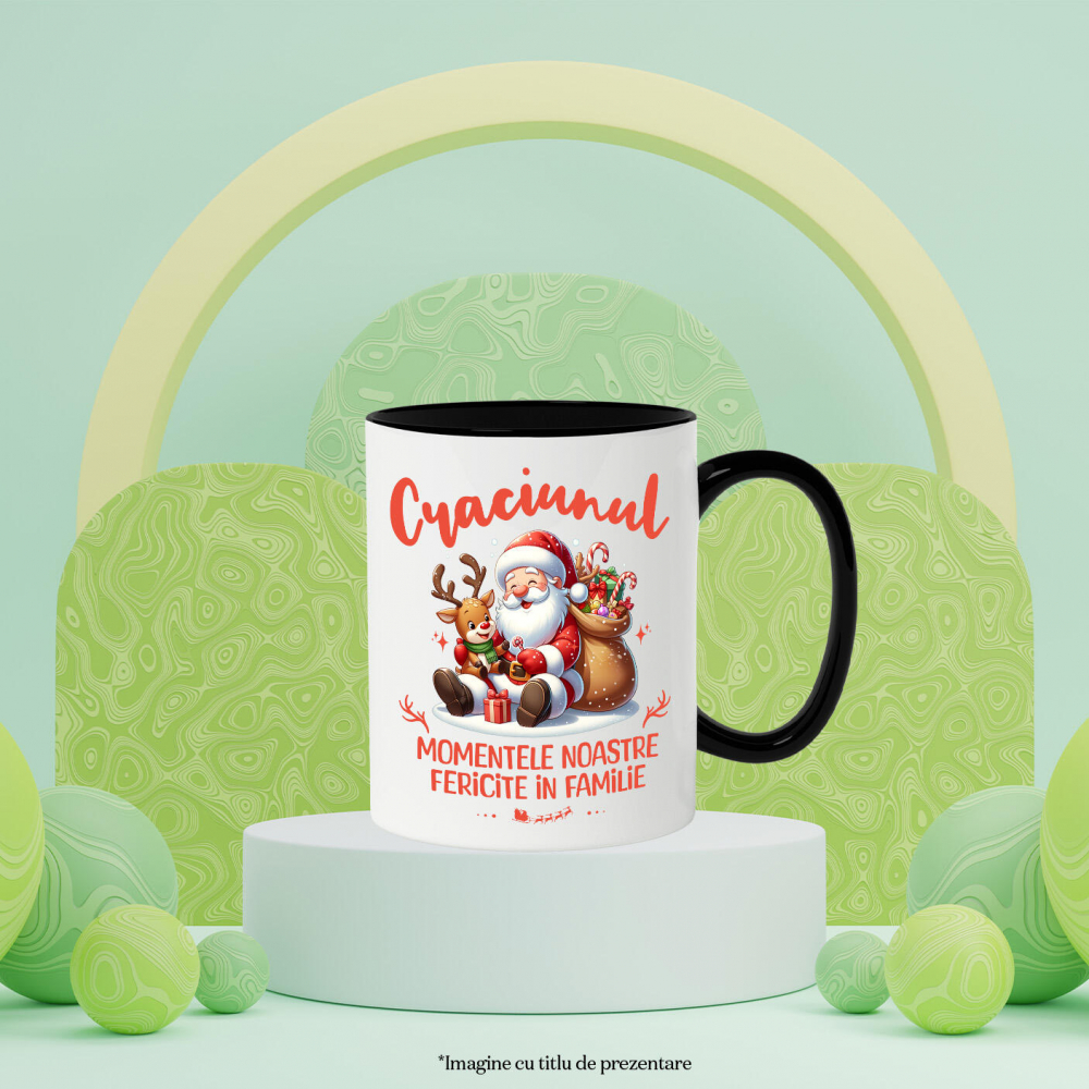 Cana Personalizata Moș Crăciun Animat cu Ren și Sac de Cadouri - Momente Fericite în Familie [3]