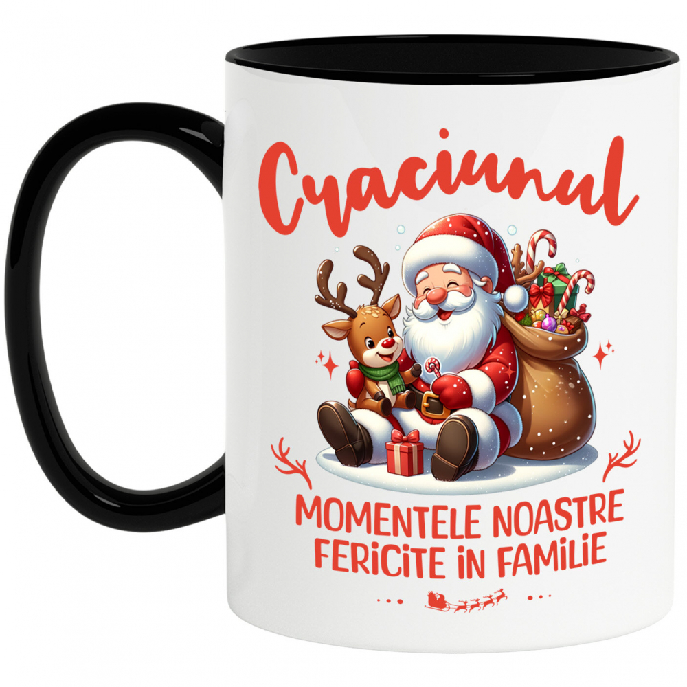 Cana Personalizata Moș Crăciun Animat cu Ren și Sac de Cadouri - Momente Fericite în Familie [1]