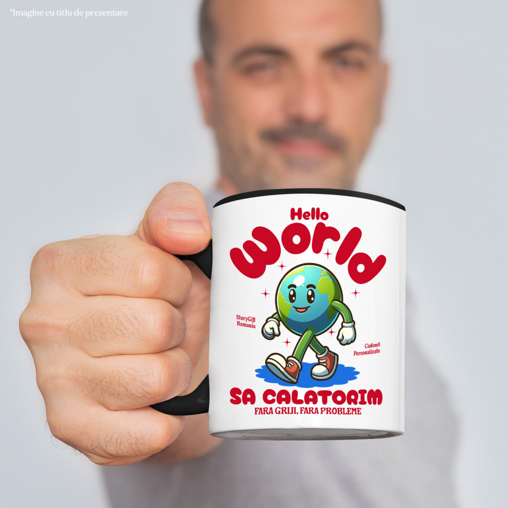 Cana Personalizata "Produse personalizate pentru călătorii – Pământ animat cu adidași roșii și text Hello World" [2]