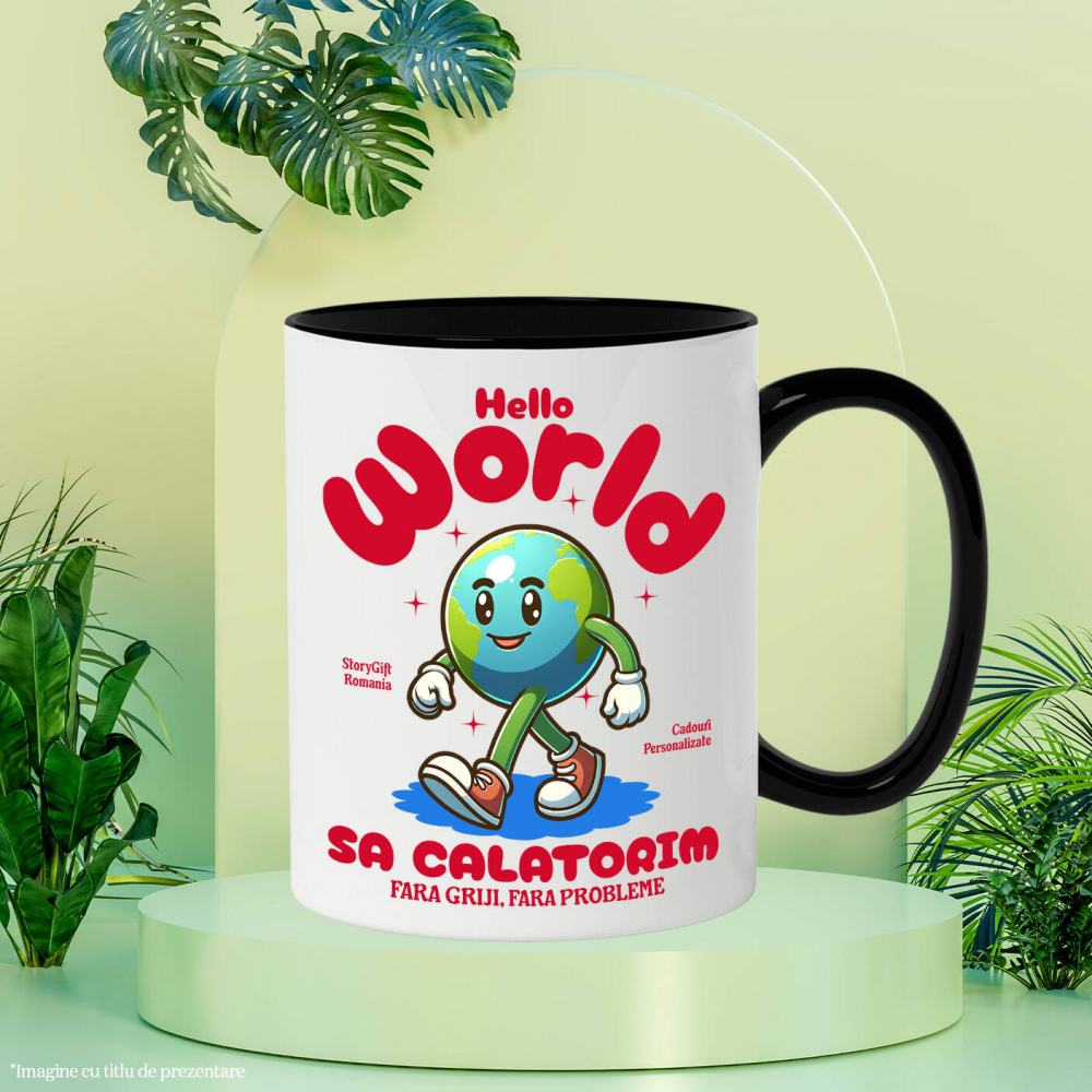 Cana Personalizata "Produse personalizate pentru călătorii – Pământ animat cu adidași roșii și text Hello World" [3]