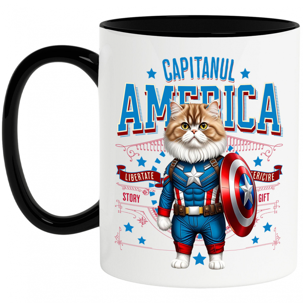 Cana Personalizata Pisica Persan în Costum de Captain America cu Pelerină - Cadou Personalizat pentru Copii și Iubitorii de Pisici [1]