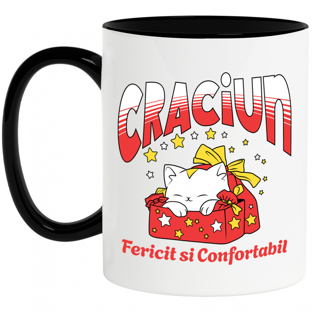 Cana Personalizata Pisica Albă în Cutie de Cadou Roșie – Crăciun Fericit și Confortabil [1]