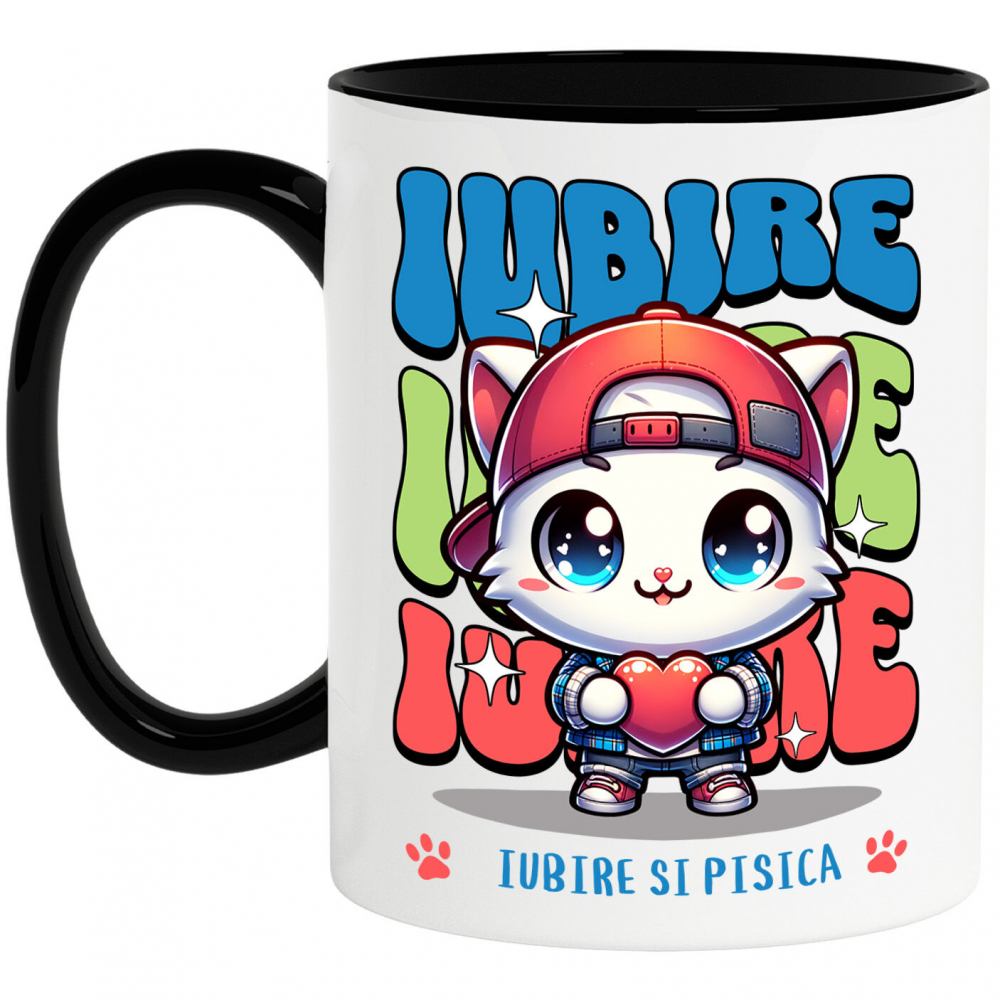 Cana Personalizata Pisica Albă Stil Gangster Cu Pălărie Și Inimă – Cadou Personalizat „Iubire Și Pisica” pentru Iubitorii De Pisici [1]