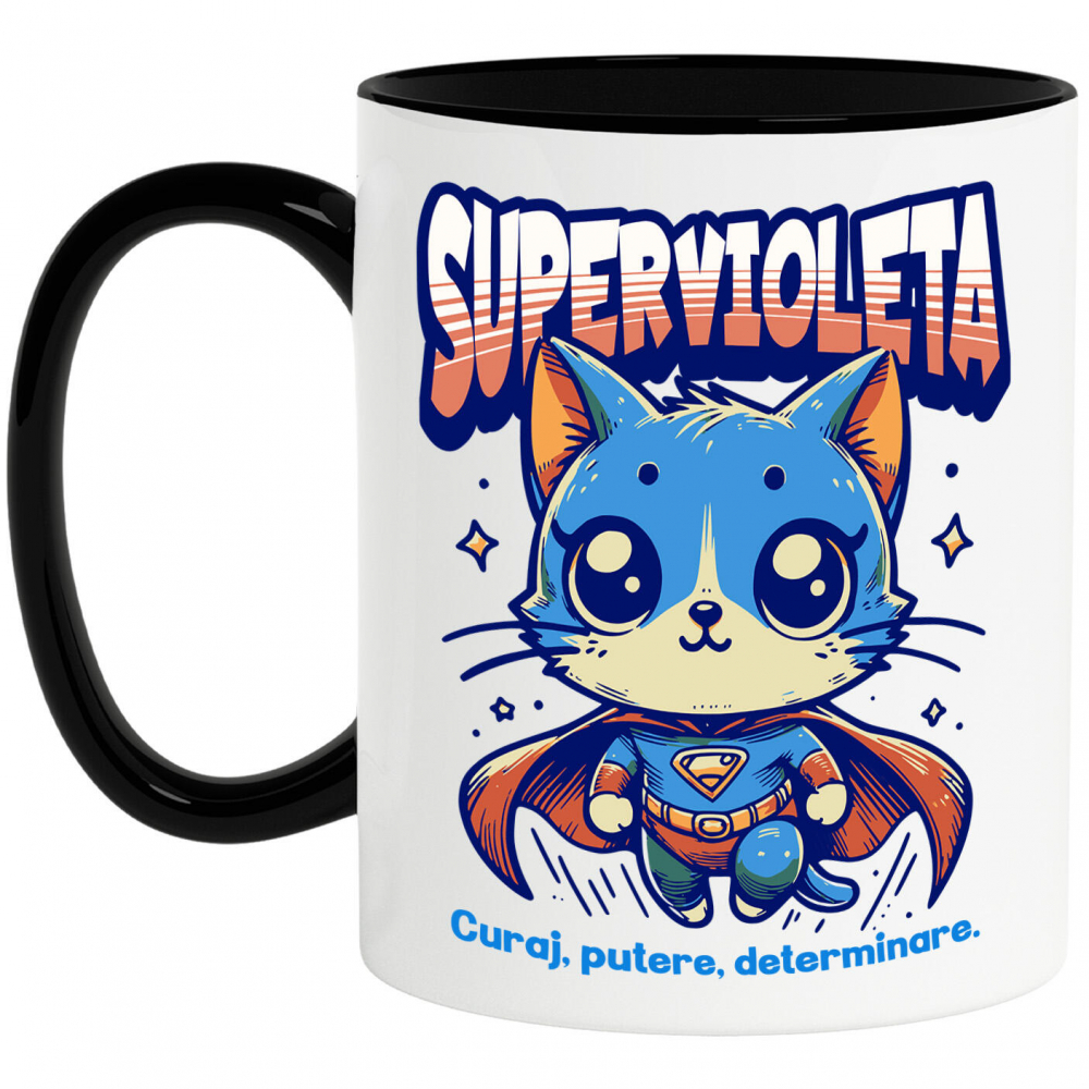Cana Personalizata Pisica Albastră În Costum De Super Erou – Cadou Personalizat „SuperVioleta Curaj Putere Determinare” [1]