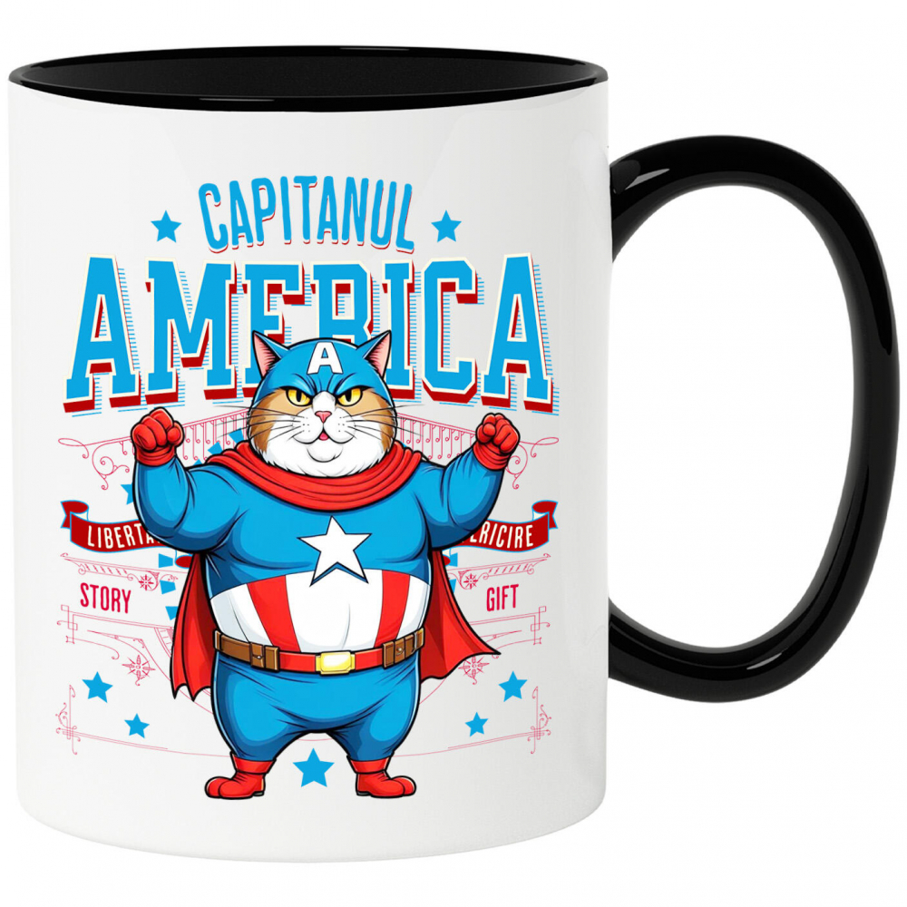 Cana Personalizata Pisica Amuzantă și Pufosă în Costum de Captain America cu Pelerină - Cadou Personalizat pentru Copii și Iubitorii de Pisici [1]