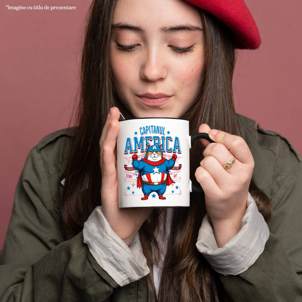 Cana Personalizata Pisica Amuzantă și Pufosă în Costum de Captain America cu Pelerină - Cadou Personalizat pentru Copii și Iubitorii de Pisici [2]