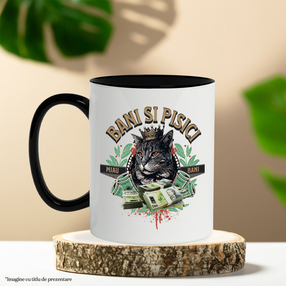 Cana Personalizata Pisică Regină cu Teancuri de Bancnote 500 RON – Cadou Personalizat pentru Familie, Copii, Tati, Prieteni [3]