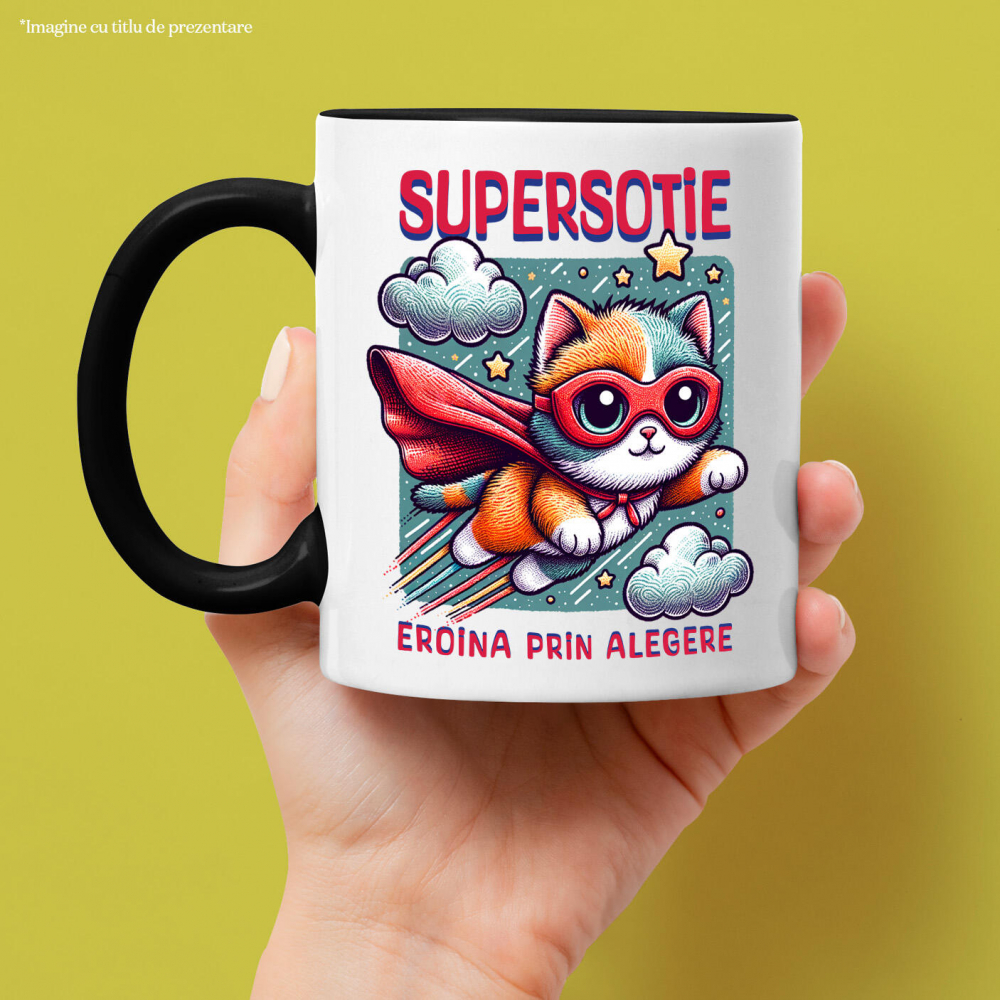 Cana Personalizata Pisica Cu Masca Si Pelerina Rosie În Zbor – Cadou Personalizat „Super Sotie Eroina Prin Alegeri” [2]