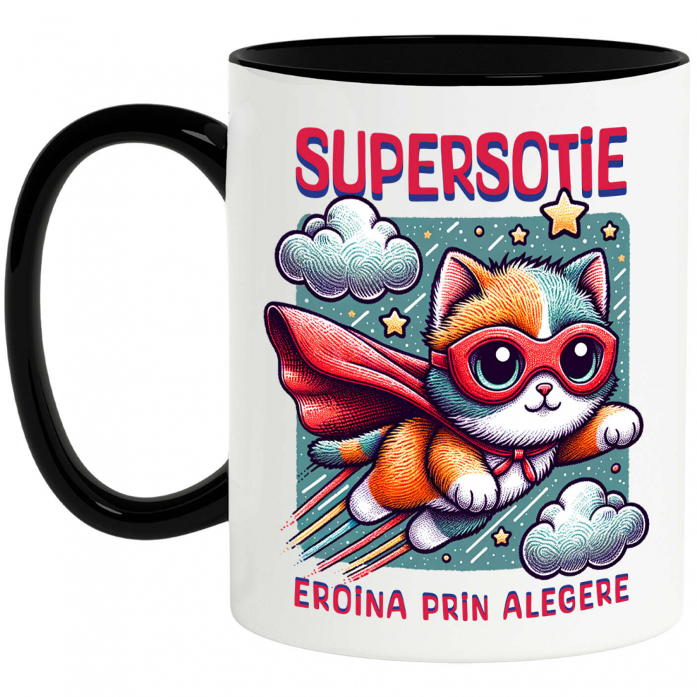 Cana Personalizata Pisica Cu Masca Si Pelerina Rosie În Zbor – Cadou Personalizat „Super Sotie Eroina Prin Alegeri” [1]