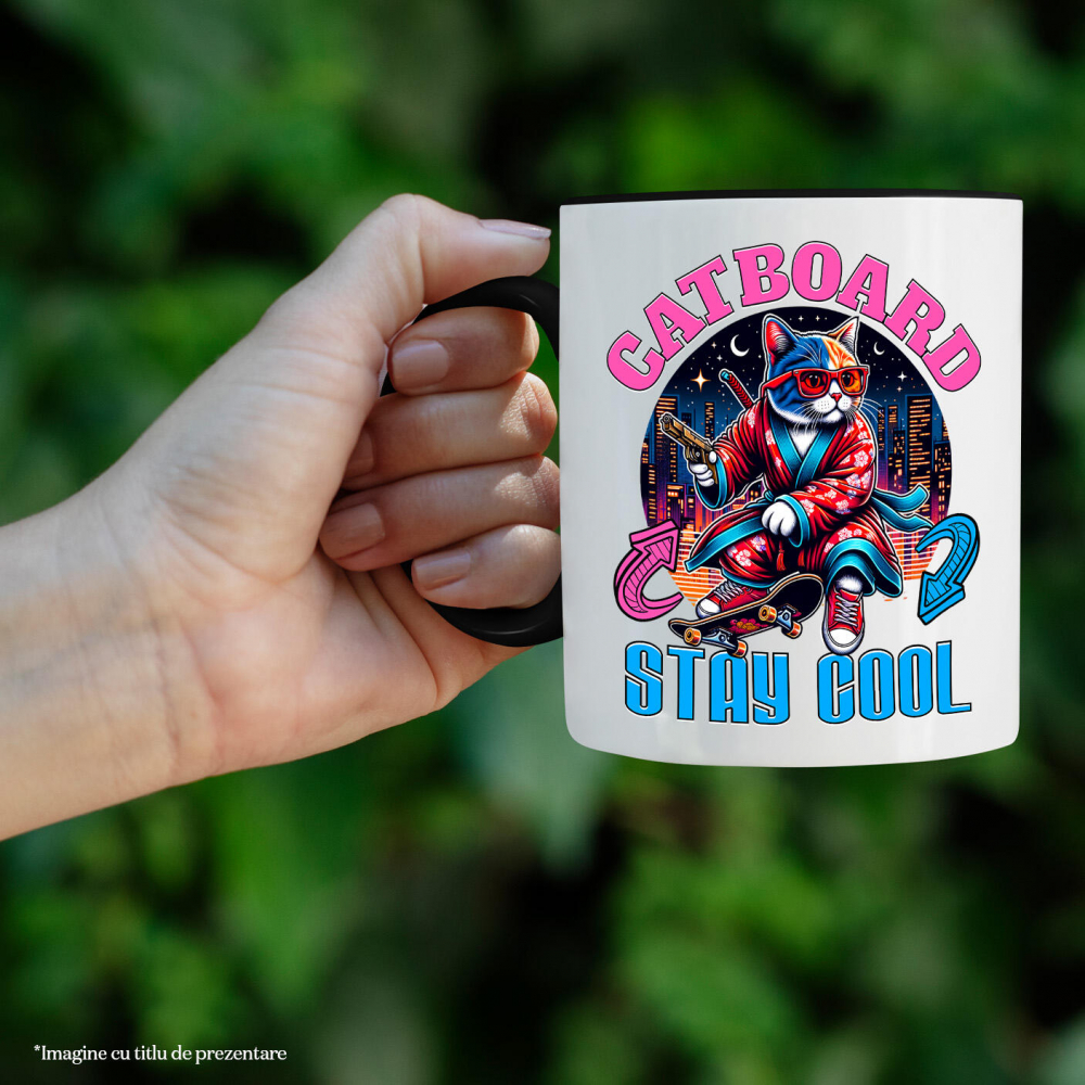 Cana Personalizata Pisica Cu Skateboard – Ținută Asiană Urbană – Stay Cool – Cadou Personalizat Pentru Familie și Iubitorii De Pisici [2]