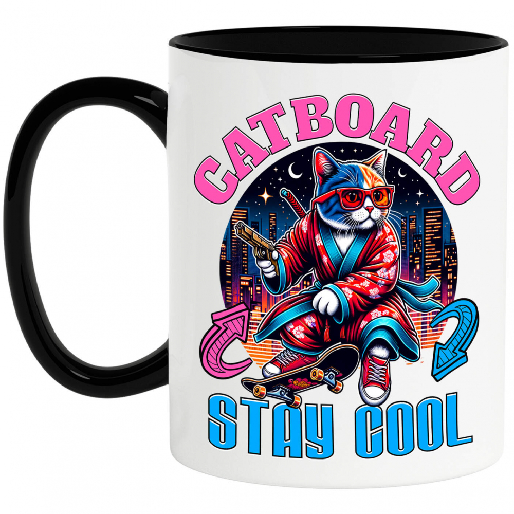 Cana Personalizata Pisica Cu Skateboard – Ținută Asiană Urbană – Stay Cool – Cadou Personalizat Pentru Familie și Iubitorii De Pisici [1]